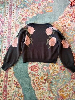 Charcoal Crewneck Sweater with Pink Floral Accents